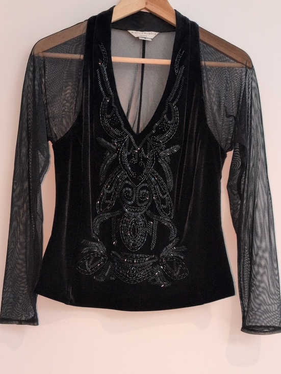 Bianca Nygard Tops - Black Velvet Beaded V-Neck Top with Sheer Sleeves Size 8P